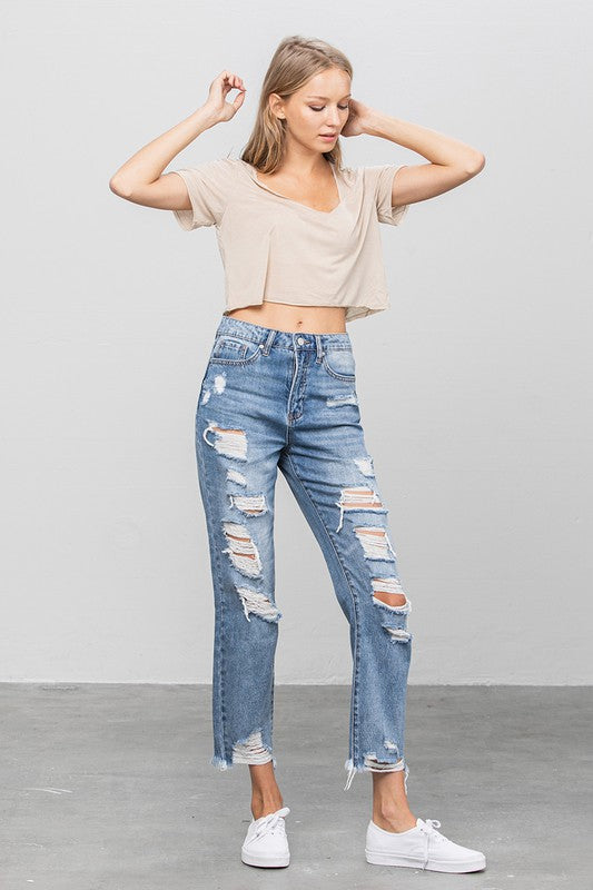 HIGH WAIST HEAVY DISTRESSED GIRLFRIEND JEANS for me