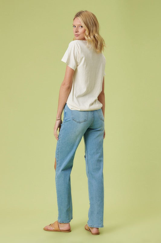 Back view of High Rise Distressed Wide Leg Jeans