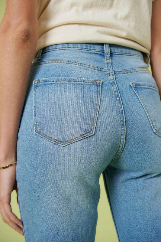 Zoomed in view of the back of High Rise Distressed Wide Leg Jeans