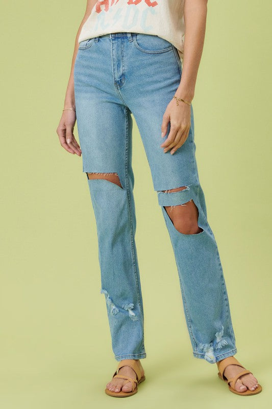 Close up view of High Rise Distressed Wide Leg Jeans