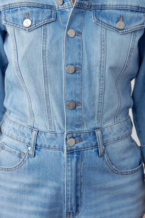 Close up view of front of High Waist Flap Pocket Half Button Denim Jumpsuit