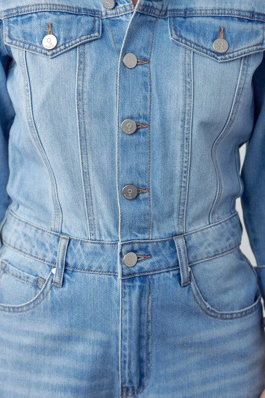 Close up view of front of High Waist Flap Pocket Half Button Denim Jumpsuit