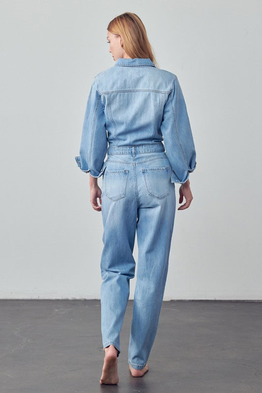 View of the back of High Waist Flap Pocket Half Button Denim Jumpsuit