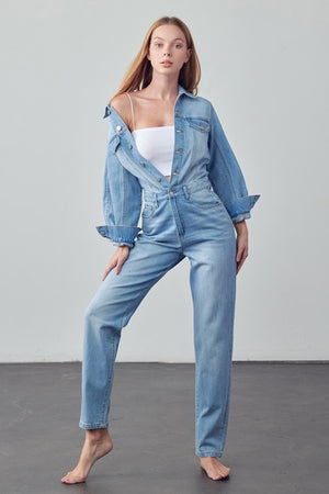 View of the top of High Waist Flap Pocket Half Button Denim Jumpsuit