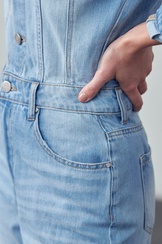 Close up view of pockets on High Waist Flap Pocket Half Button Denim Jumpsuit