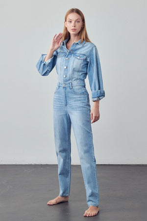 Sexy High Waist Flap Pocket Half Button Denim Jumpsuit