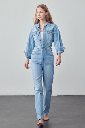 Cute High Waist Flap Pocket Half Button Denim Jumpsuit