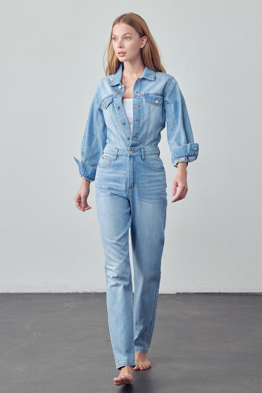 Cute High Waist Flap Pocket Half Button Denim Jumpsuit