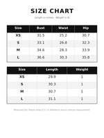 A size chart table showing measurements in inches and weight in lbs for sizes XS, S, M, and L, with columns for Bust, Waist, Hip, Length, and Weight on a white background.