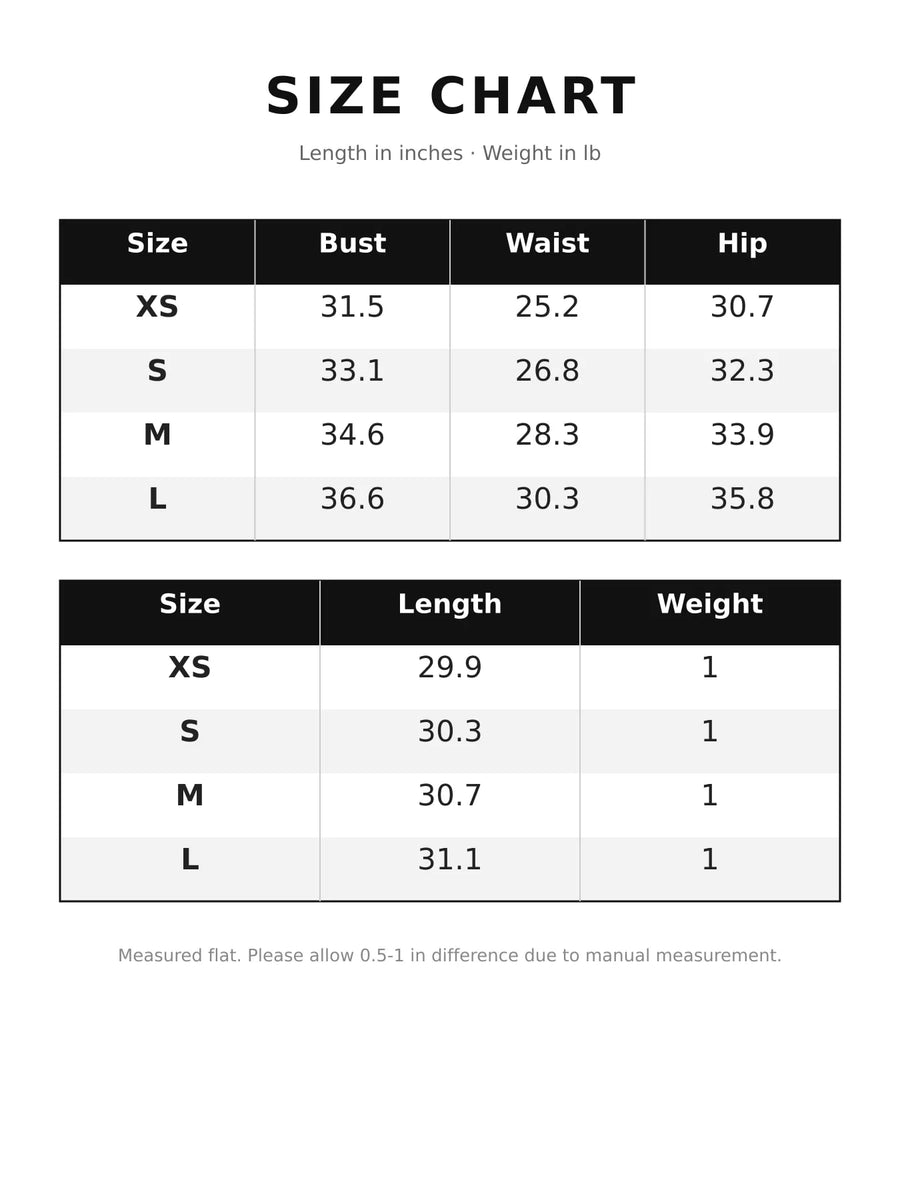 A size chart table showing measurements in inches and weight in lbs for sizes XS, S, M, and L, with columns for Bust, Waist, Hip, Length, and Weight on a white background.