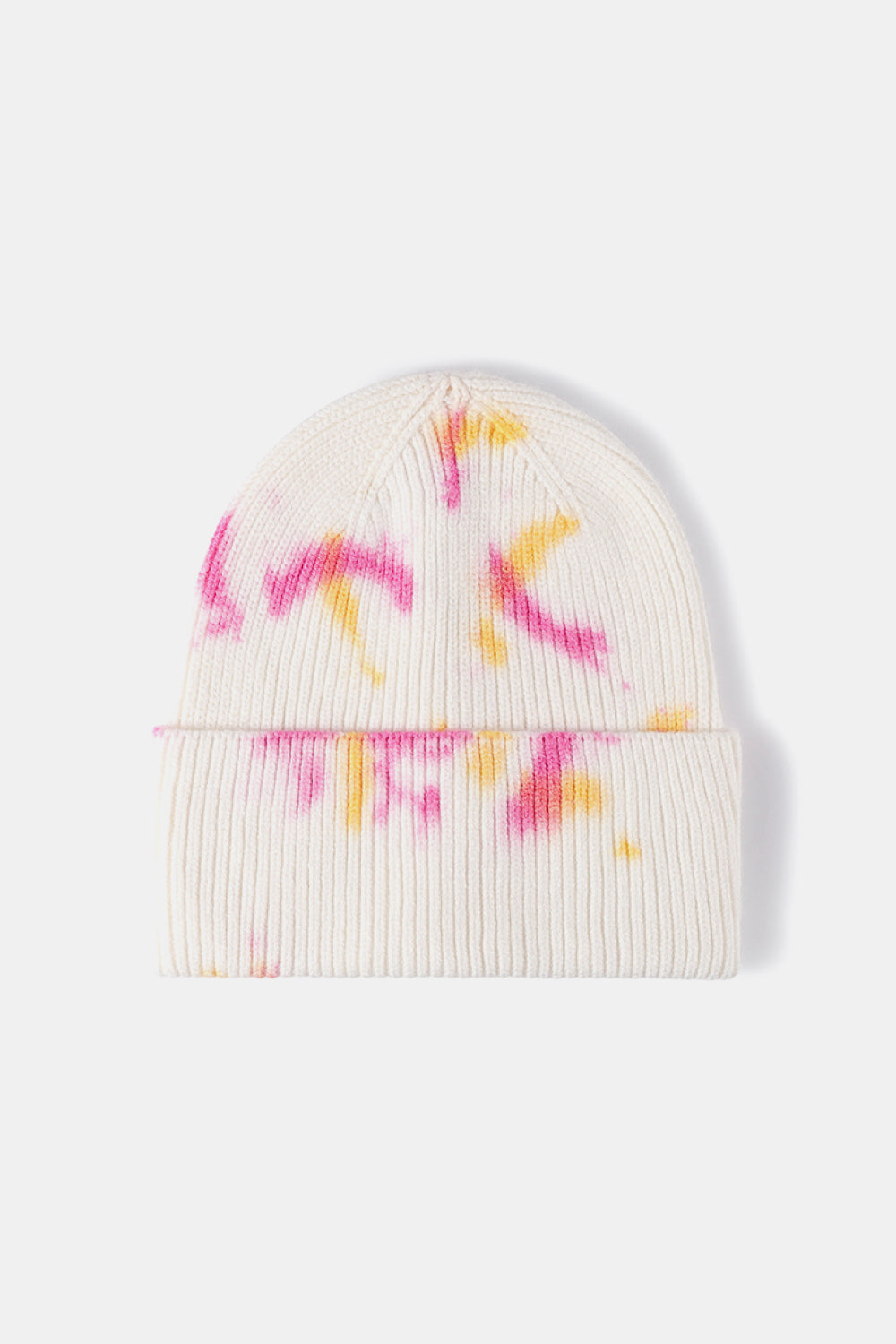 White beanie with colorful designs on a white background