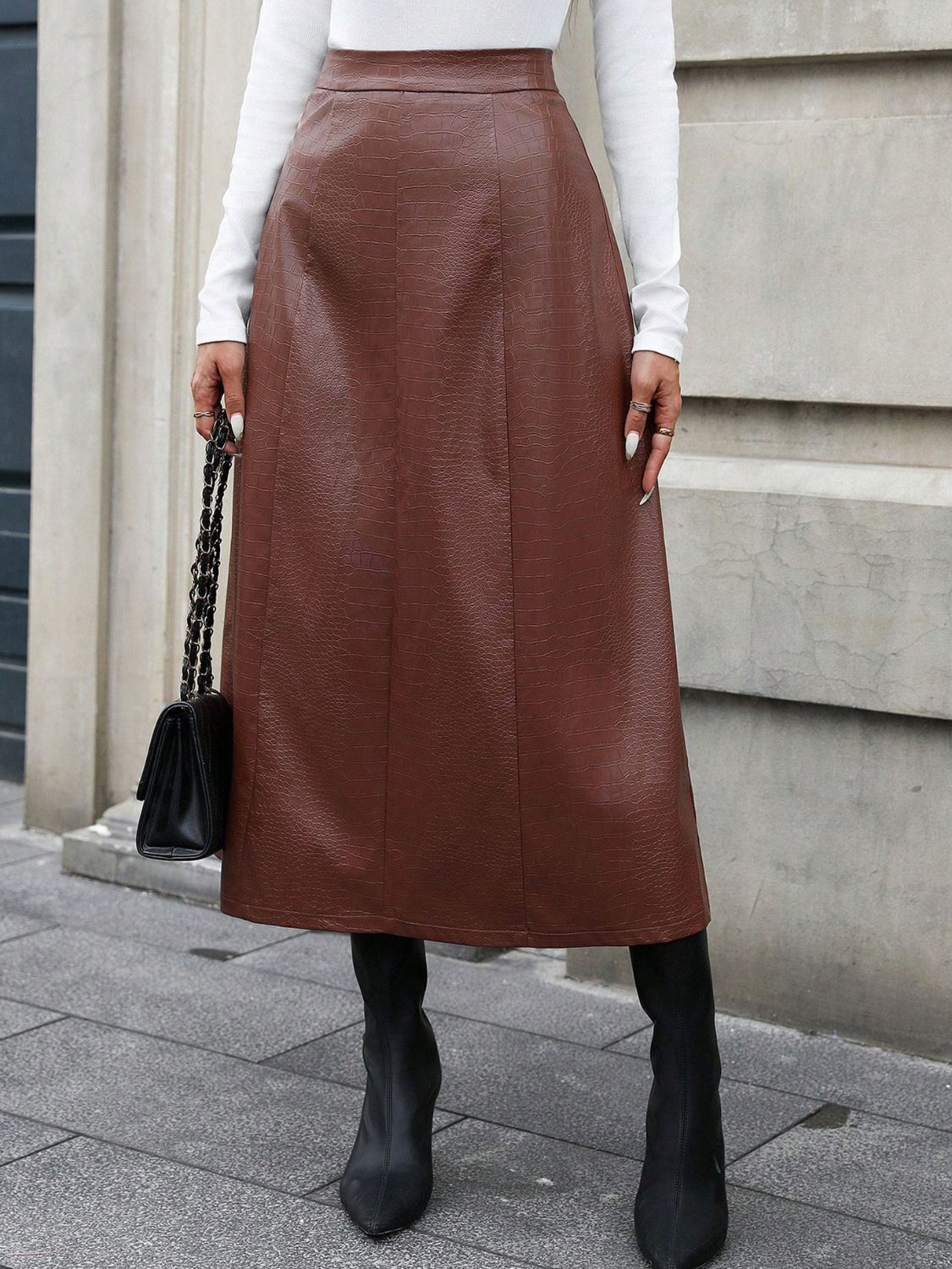 Brown High Waist Midi Skirt