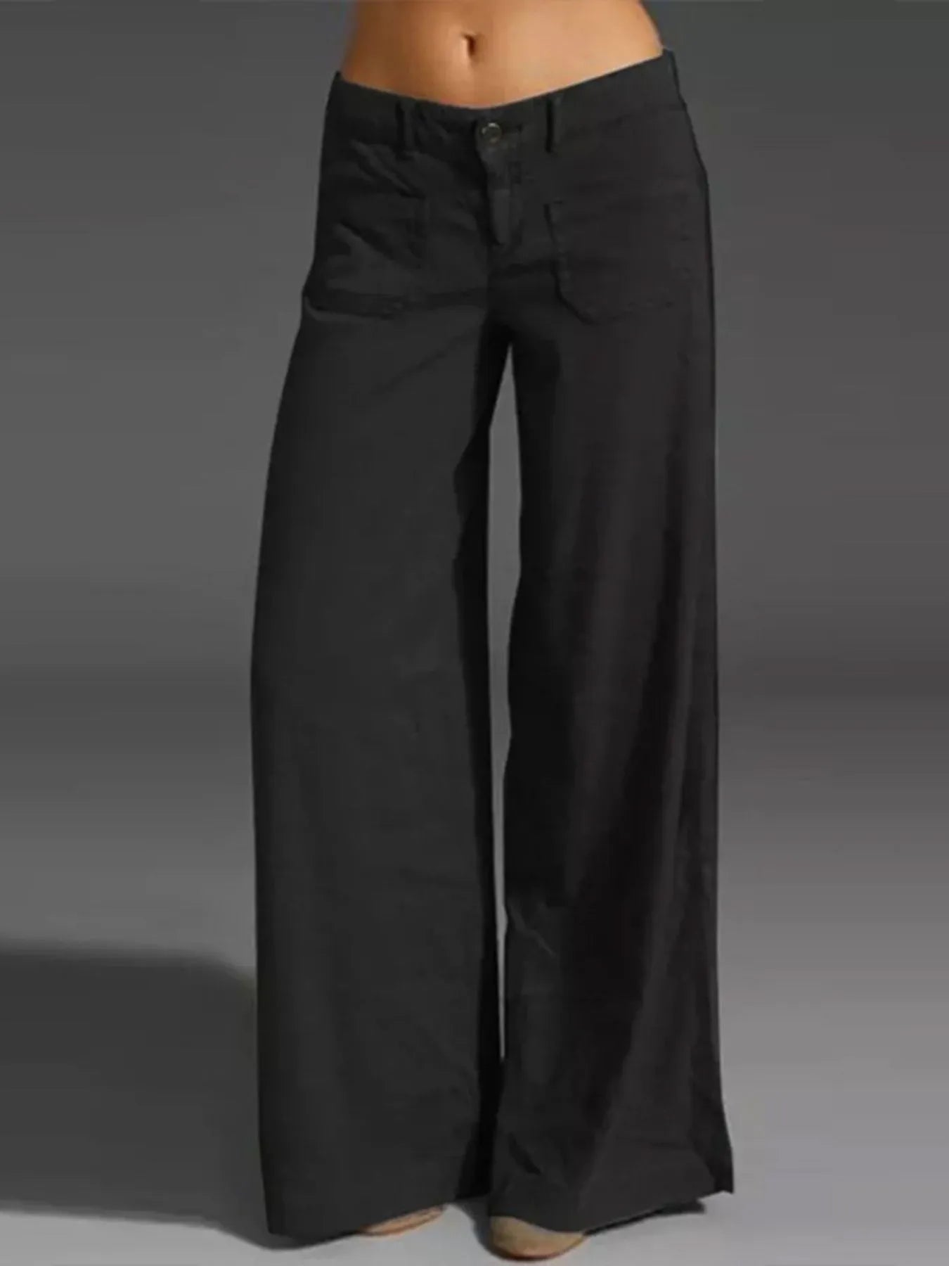 Black wide-leg pants on a gray background