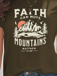 Brown t-shirt with 'Faith Can Move Mountains' graphic and Matthew 17:20 text.