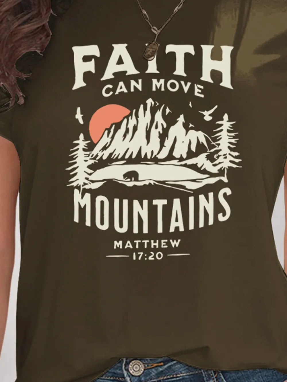 Brown t-shirt with 'Faith Can Move Mountains' graphic and Matthew 17:20 text.