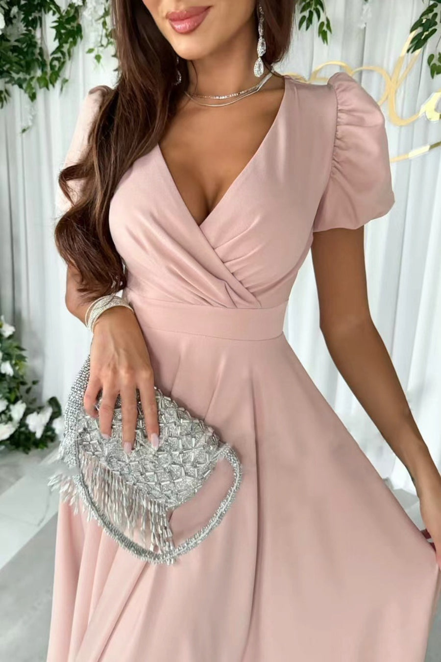 Close up view of Surplice Puff Sleeve Midi Dress