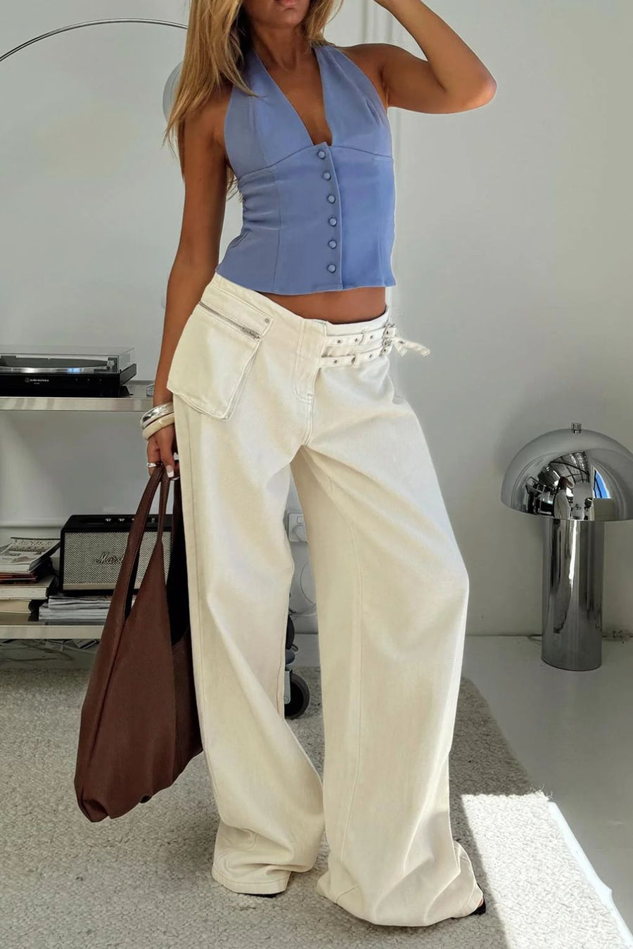 white Wide Leg Jeans with Pockets