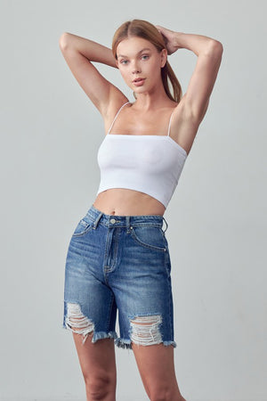High Rise Ripped Bermuda Denim Shorts for spring