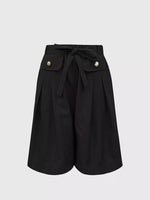 A full view of black High-Waisted Drawstring Shorts on a white background