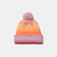 Knitted beanie with gradient color pattern on a white background