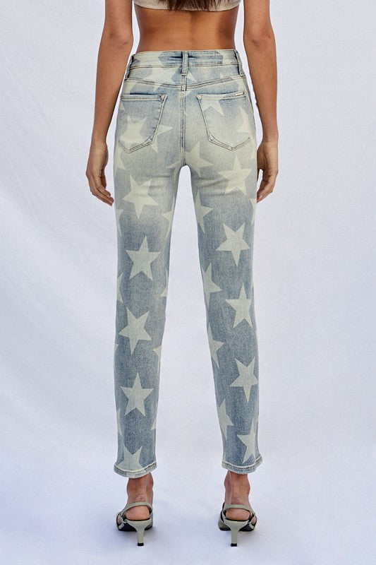 Full view of the back of HIGH RISE STAR PRINTED GIRLFRIEND JEANS