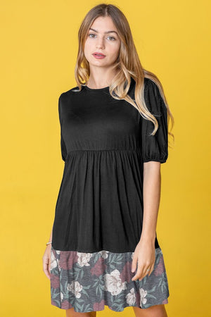 Black Floral Two Tone Tiered Mini Dress