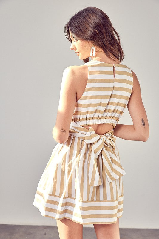 Back view of FRONT CROSS BACK TIE DRESS-taupe