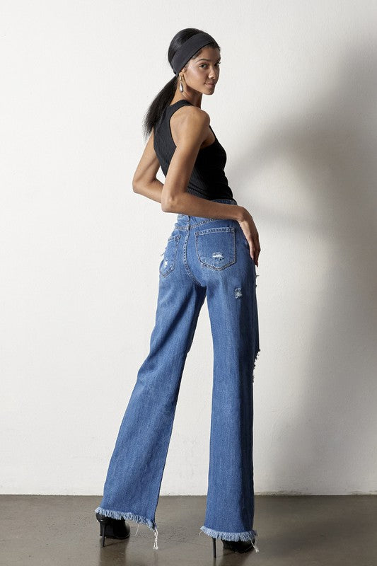 Distressed Frayed Hem Dad Jeans for young women