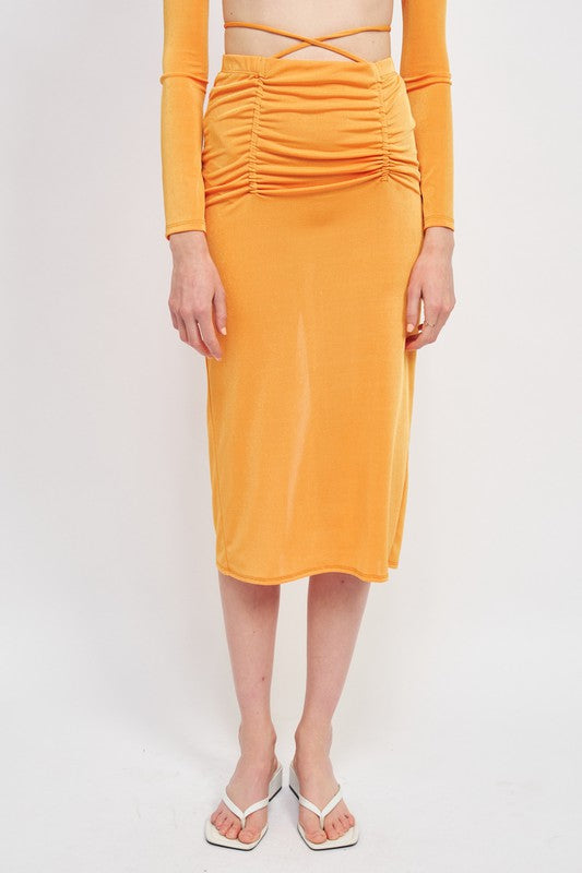 RUCHED MIDI SKIRT WITH WAIST TIE AND SLIT