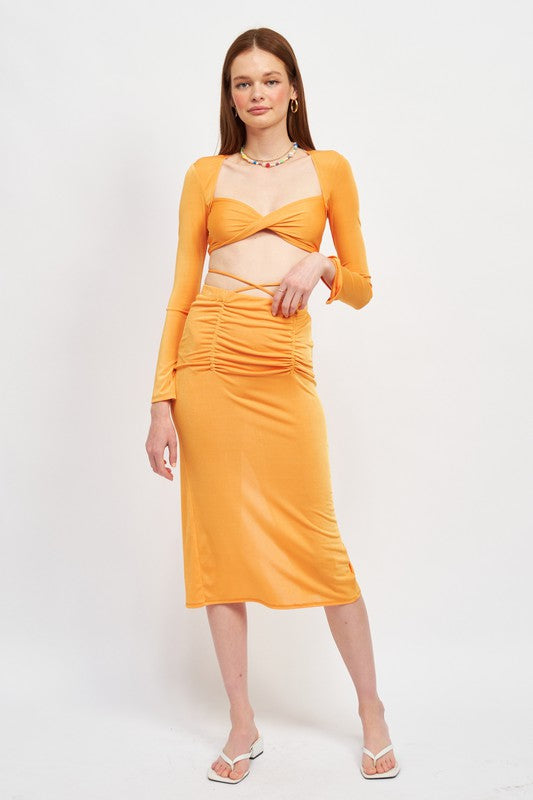 RUCHED MIDI SKIRT WITH WAIST TIE AND SLIT