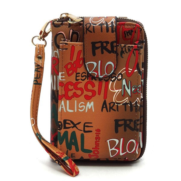 Graffiti-style wallet with colorful text on a white background