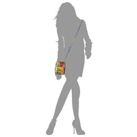 Silhouette of a person holding a colorful bag with text on a white background