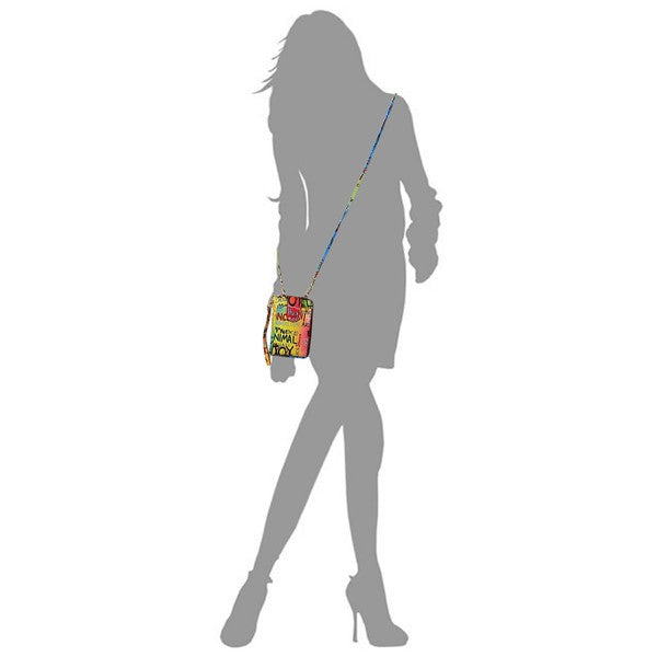 Silhouette of a person holding a colorful bag with text on a white background