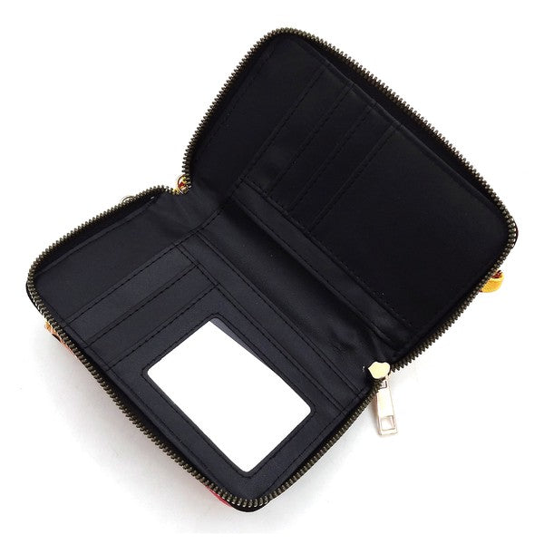 Black zippered case with a compartment for a phone on a white background