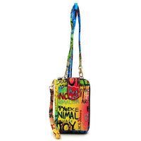 Colorful graffiti-style handbag with a strap on a white background