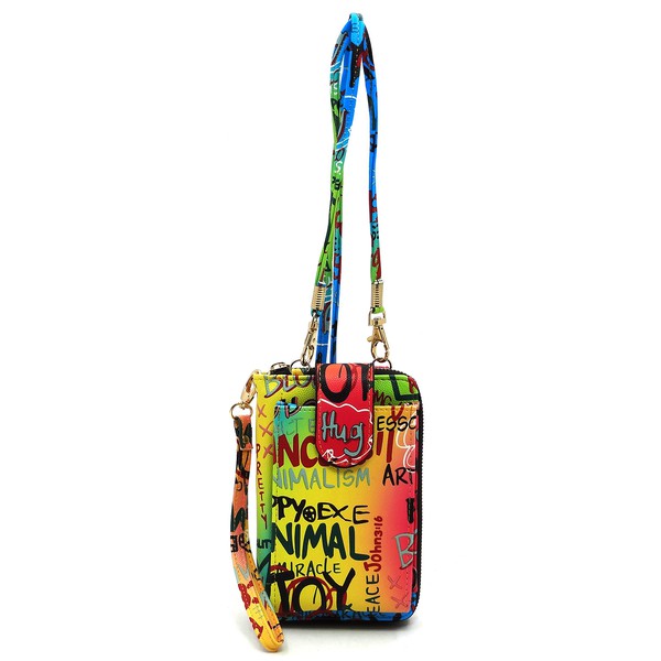Colorful graffiti-style handbag with a strap on a white background