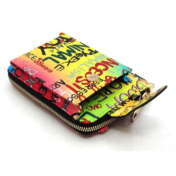 Colorful wallet with text pattern on a white background