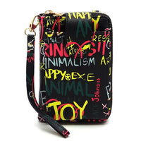 Black crossbody bag with colorful text design on a white background
