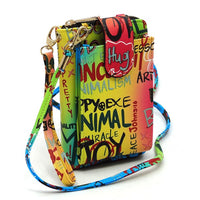 Colorful graffiti-style crossbody bag with a strap on a white background