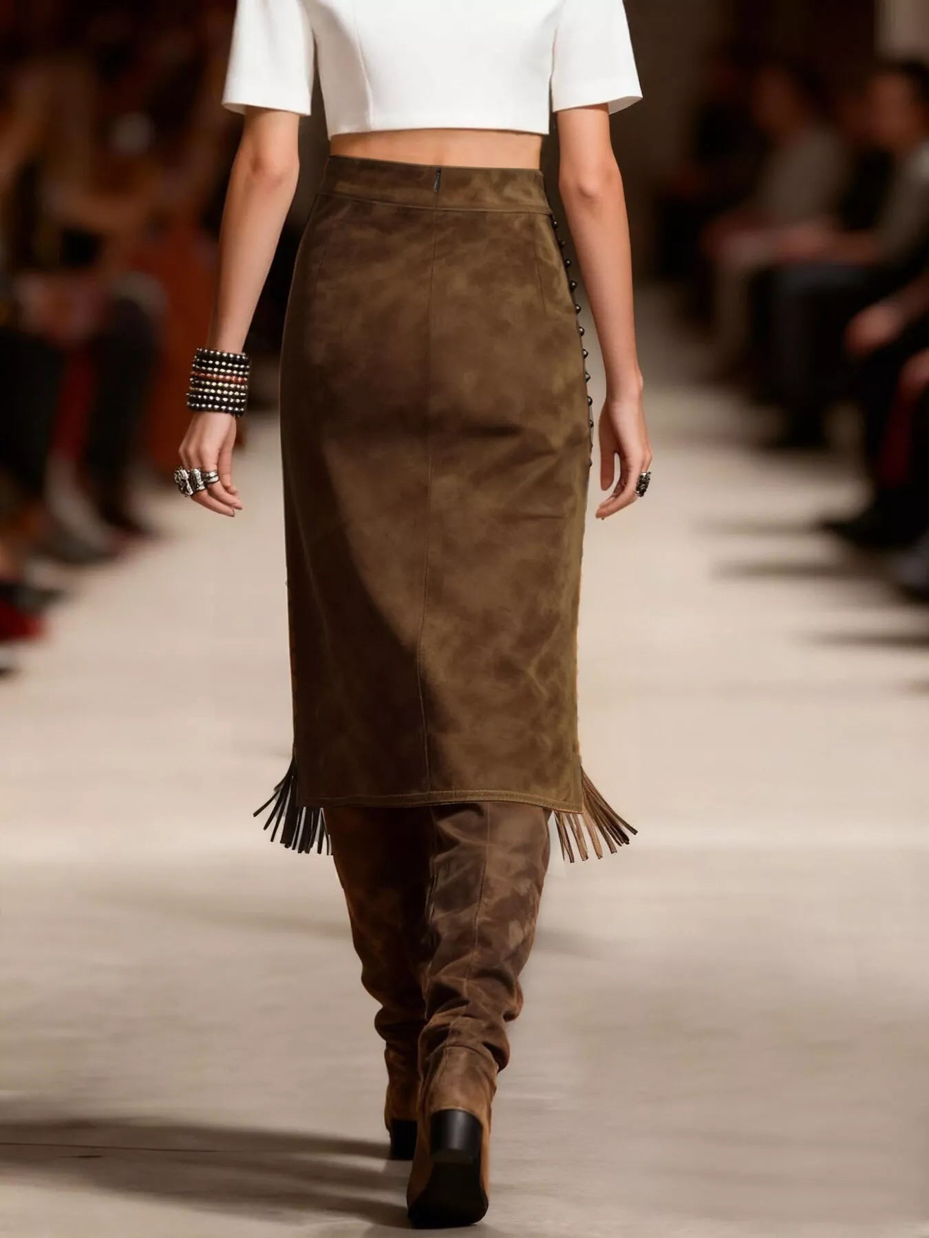 Model walking on a runway wearing a brown suede skirt with fringe and black shoes.