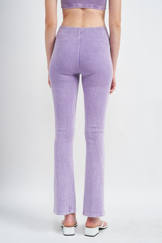 back of view of HIGH WAIST RIB FLARED PANTS-purple