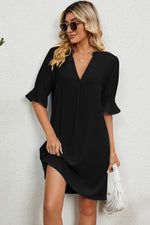 Front view of black Notched Flounce Sleeve Mini Dress