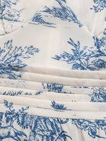 Close-up of blue floral pattern on white fabric