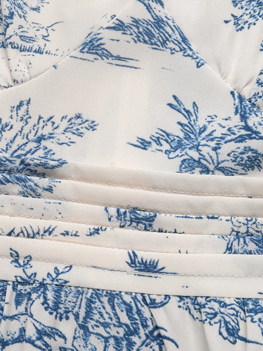 Close-up of blue floral pattern on white fabric
