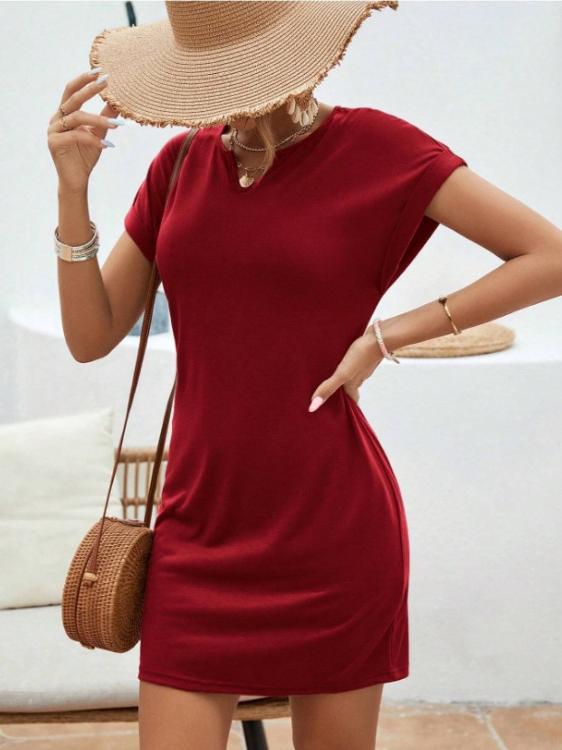 Burgundy Notched Short Sleeve Mini Tee Dress