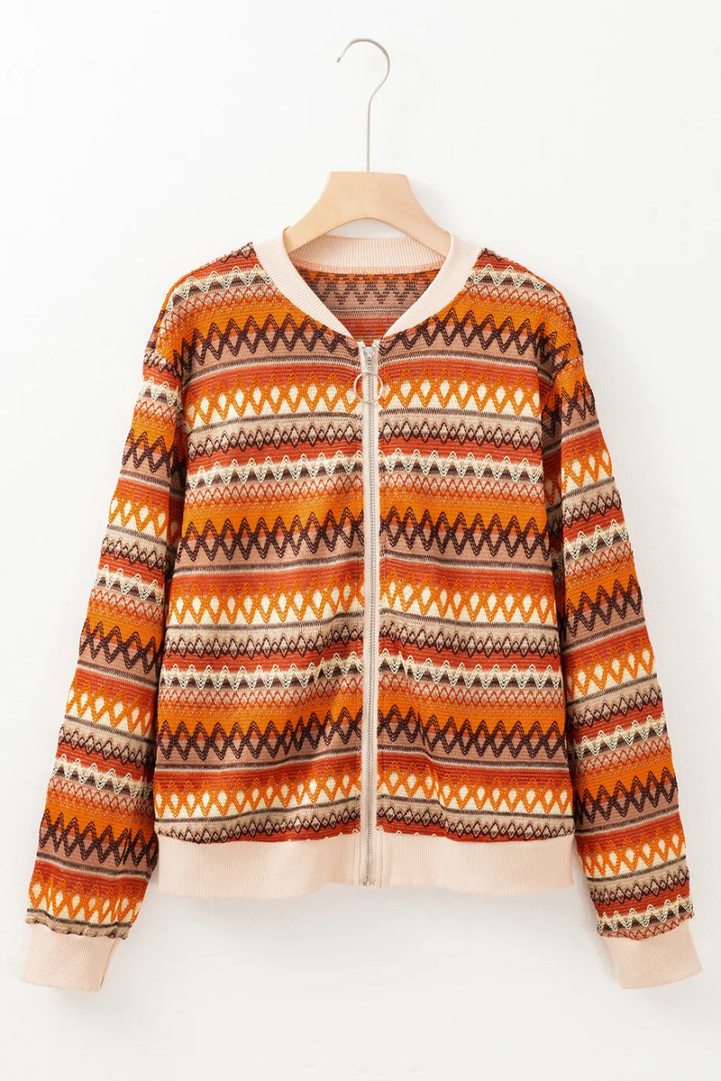 Patterned jacket on a hanger against a white background