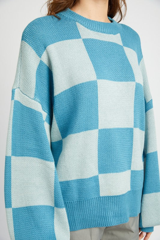 view of CHECKERED SWEATER WITH BUBBLE SLEEVES