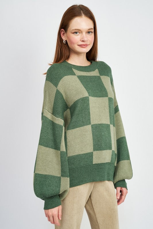 Side view of CHECKERED SWEATER WITH BUBBLE SLEEVES green