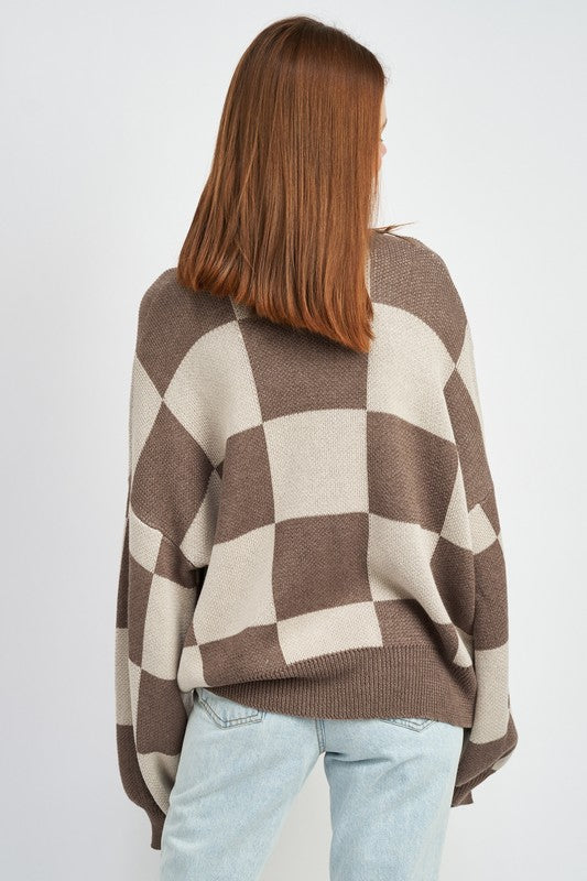 view of CHECKERED SWEATER WITH BUBBLE SLEEVES brown