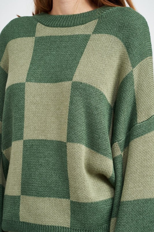 View of CHECKERED SWEATER WITH BUBBLE SLEEVES green